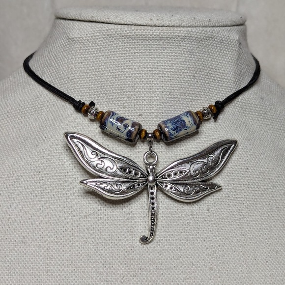 Handmade Jewelry - Dragonfly Charm Pendant Brown Blue Ceramic Boho Hippie Adjustable Neckla…